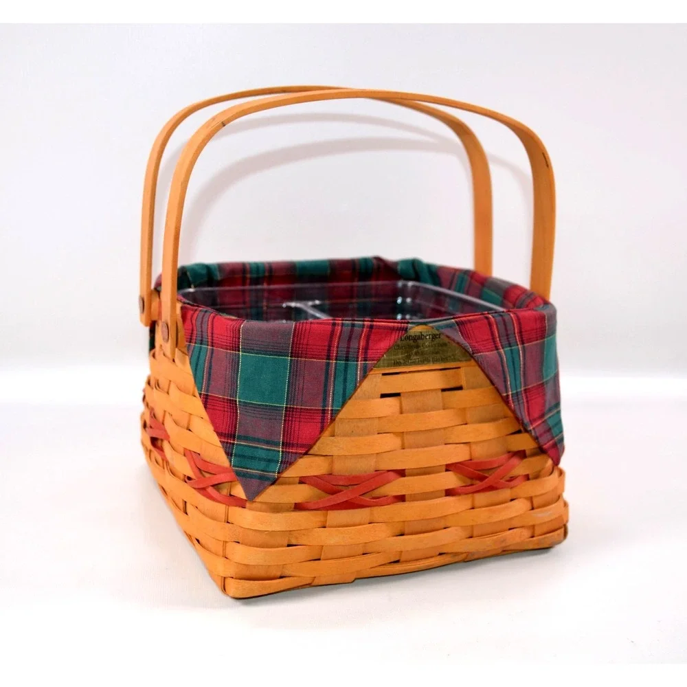 2000 Longaberger Christmas Deck The Halls Basket Plaid Liner 2 Plastic Inserts